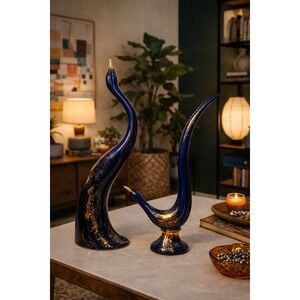 Vintage Blue Ceramic Crane Figurines Gold Speckled MCM Mid Century Set